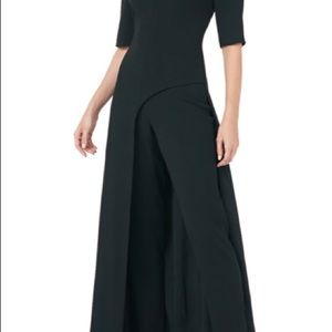 Black pants suit with skirted back. Perfect for evening wear.